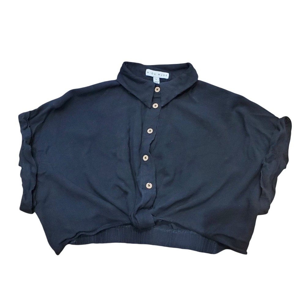 Miou Muse Black Tie Front Cropped Shirt Button Up Boxy Boho Summer Top Size L
